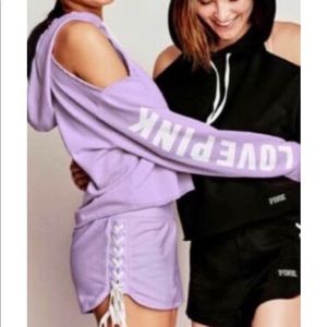 VS Pink Cold Shoulder Hoodie Shorts Set M Purple